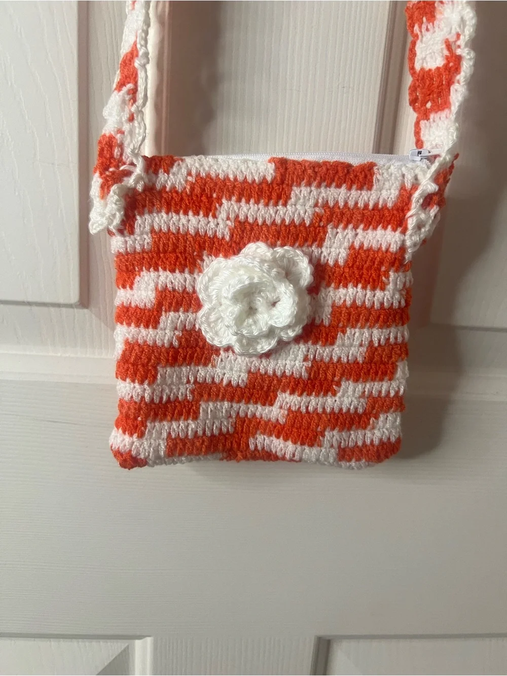 Handmade White & Orange Crochet Kids Crossbody Bag